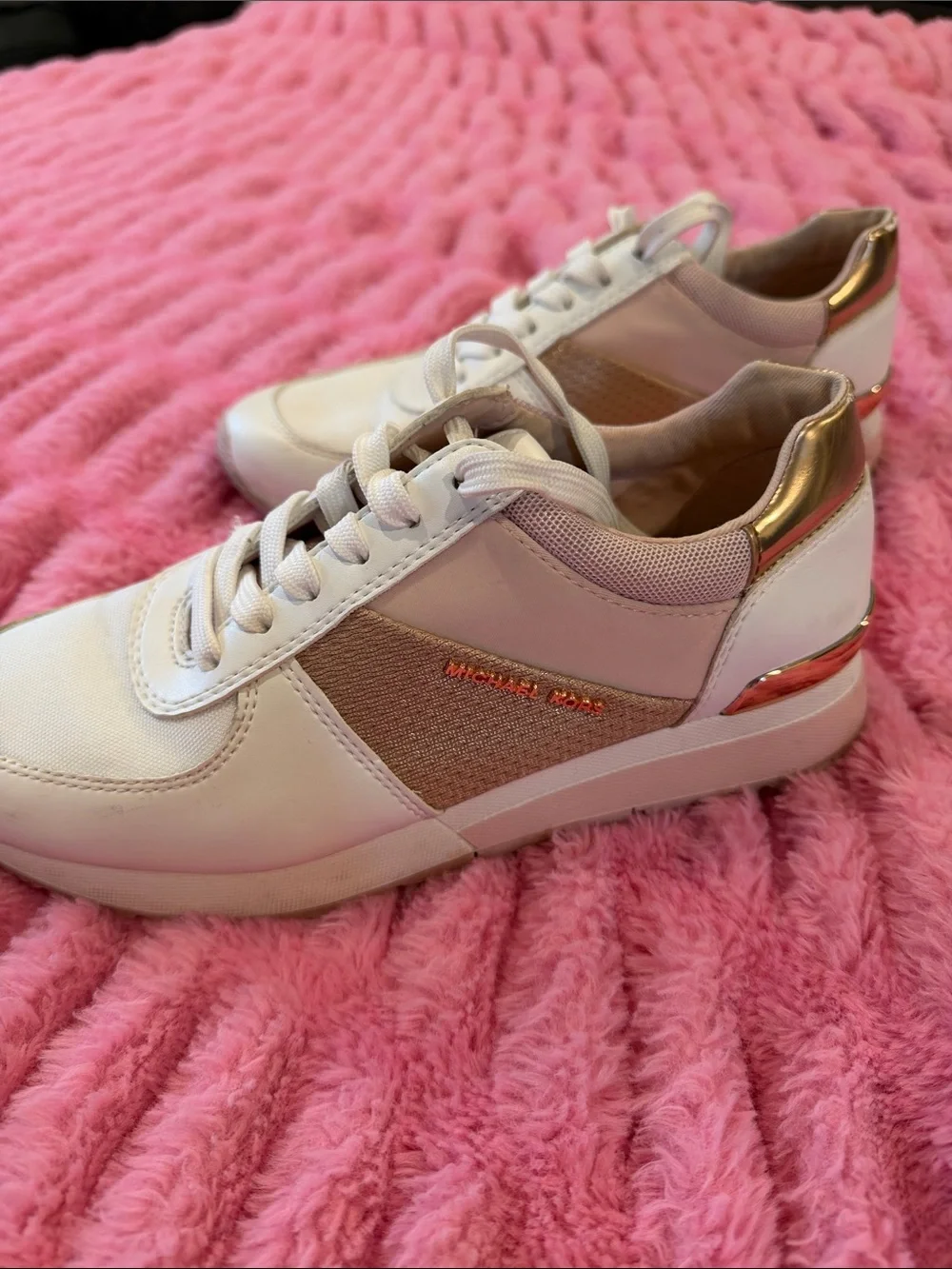 Michael Kors White and Pink Low-Top Sneakers with Gold Trim